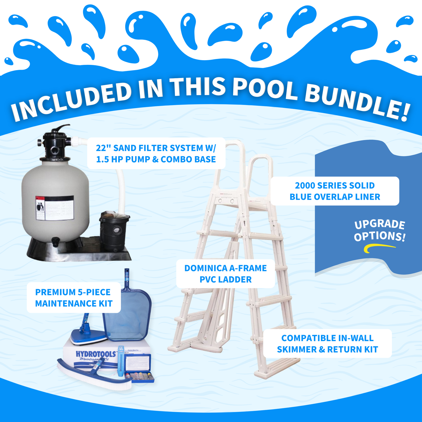 Pool bundle package with sand filter system, ladder, and maintenance kit on a blue and white background.