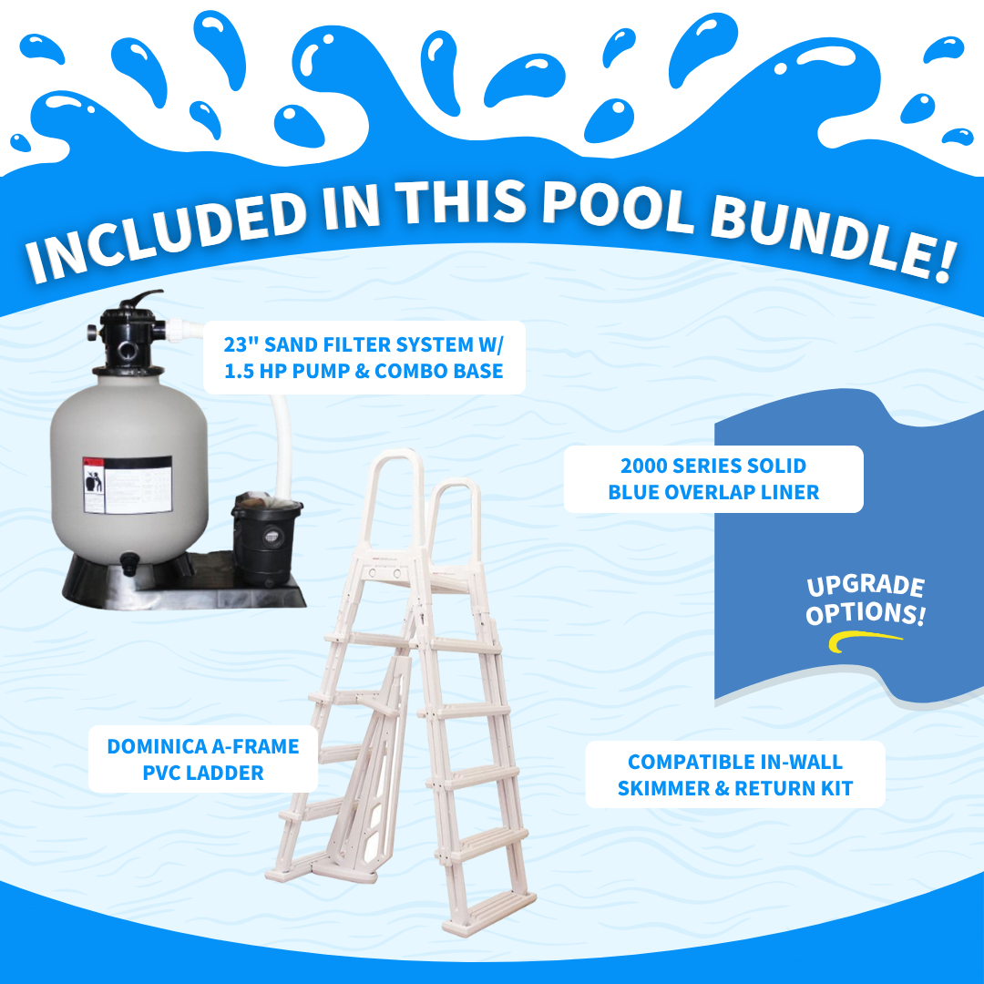 Pool bundle package with sand filter system, ladder, and maintenance kit on a blue and white background.