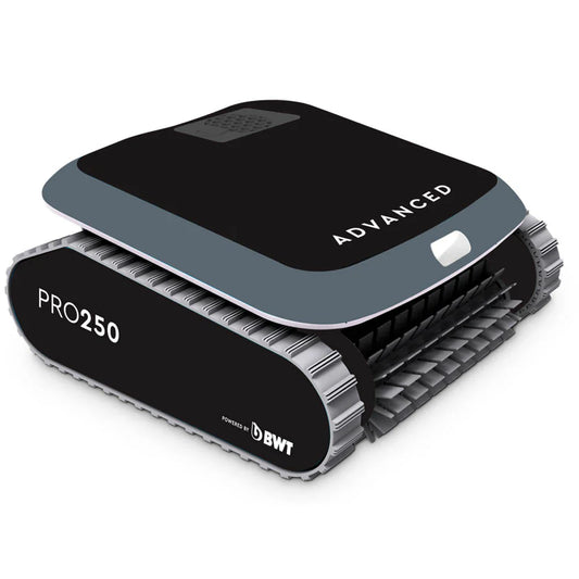 The SPD BWT Advanced Pro 250 is a black and gray pool cleaner robot with tank-like treads, a vented front, and ADVANCED labeling, designed for automated pool cleaning with advanced dual filtration.