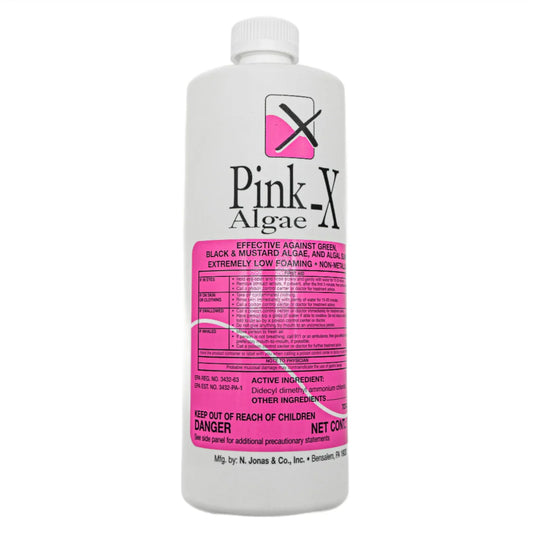 A white bottle of SPD Pink-X Algicide with a pink label showing warnings, instructions, and a crossed-out algae symbol has a white cap and is marked as dangerous.