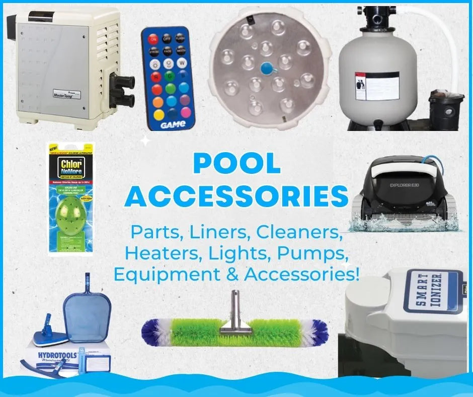 Collection of pool accessories for sale, including parts, liners, cleaners, heaters, lights, pumps, and equipment on a white background with blue accents.