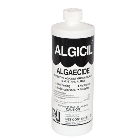 A white bottle labeled SPD Algaecide 60 with black text promotes pool algae control, featuring a non-foaming algaecide formula and assuring no staining, discoloration, or metals.