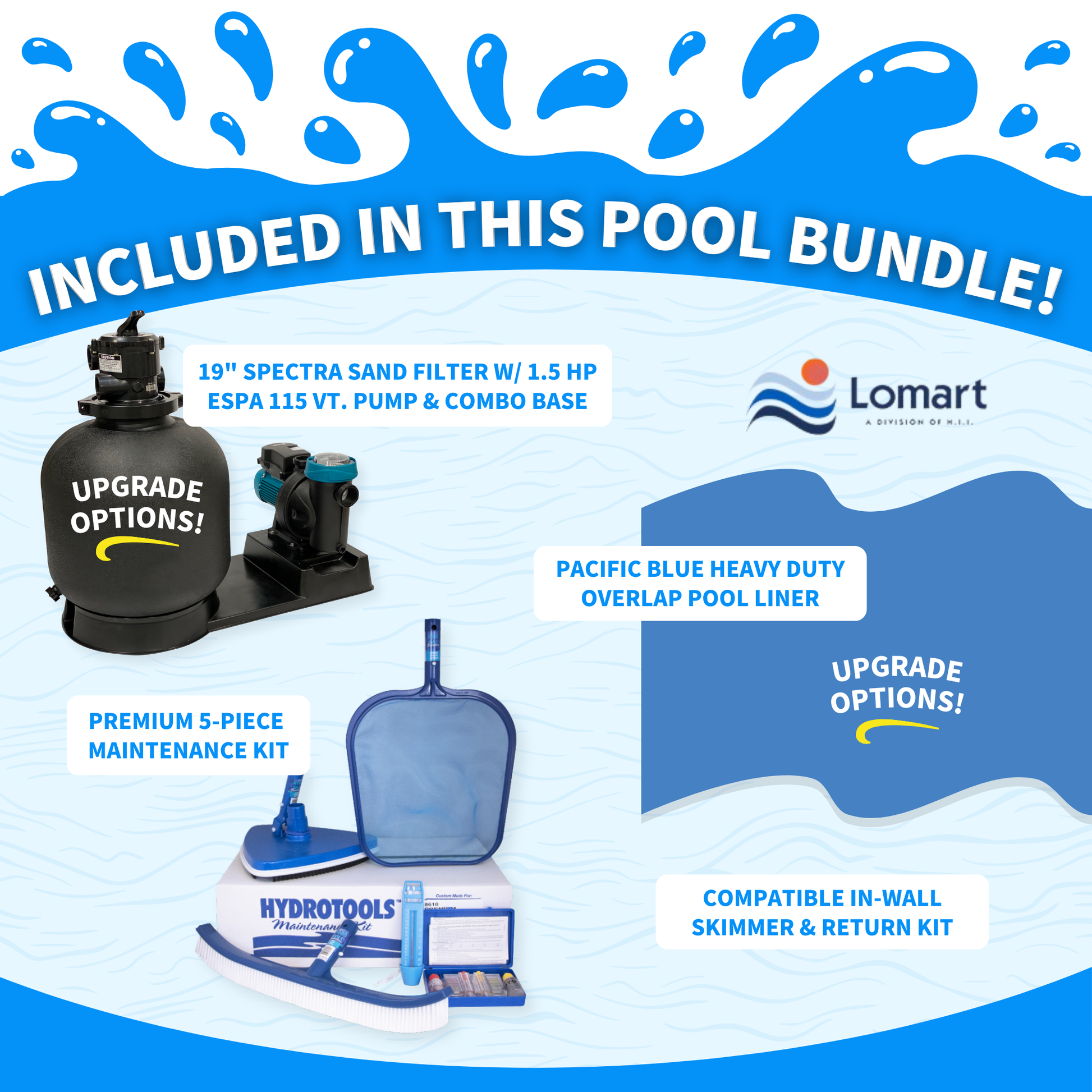 Pool bundle with Lomart pool filter and liner on a blue and white background