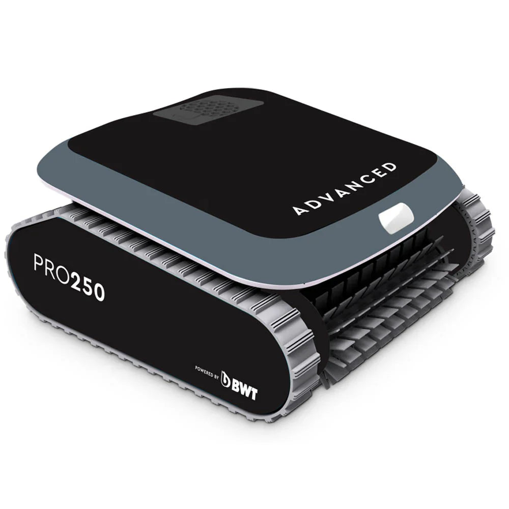 The SPD BWT Advanced Pro 250 is a black and gray pool cleaner robot with tank-like treads, a vented front, and ADVANCED labeling, designed for automated pool cleaning with advanced dual filtration.