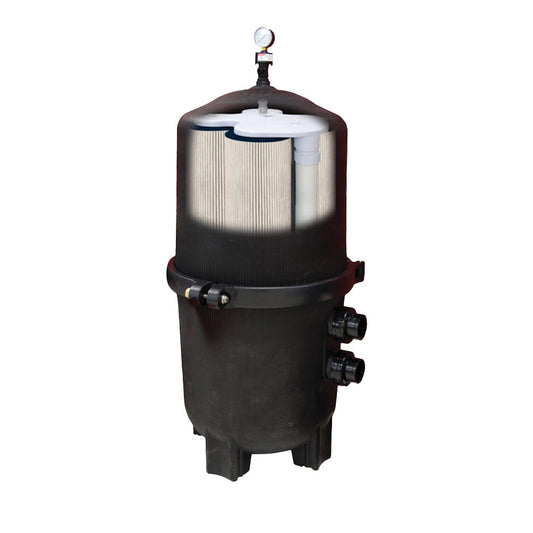 The SPD 525 Sq. Ft. Black Diamond Pressure Cartridge Filter Tank stands upright against a white background, featuring visible internal Reemay cartridge filters, a top pressure gauge, and multiple side pipe connections.