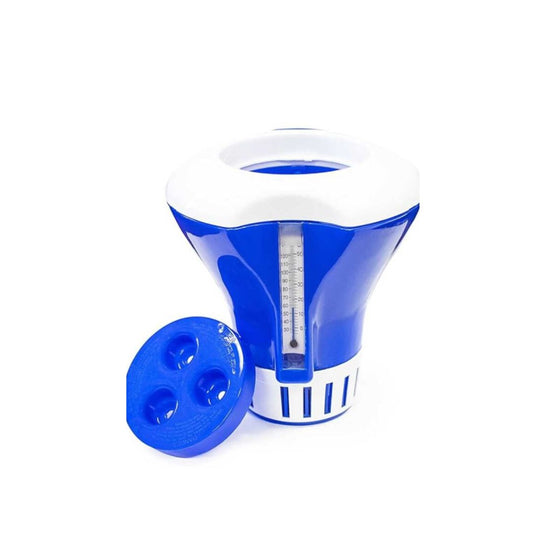 The Swimming Pool Discounters Classic Chlorinator with Thermometer is shown in blue and white next to a round chlorine tablet, standing out against a clean white background.