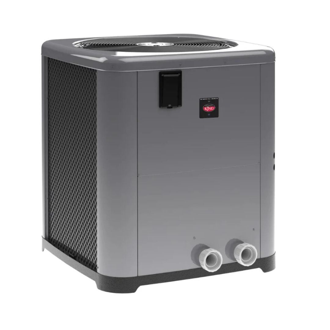 The Raypak Weather King 118,000 BTU Heat Pump from Swimming Pool Discounters features a gray body, black top fan grille, two white front pipe connections, and black mesh side vents for efficient pool heating.