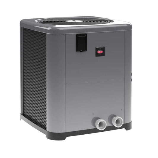 The Raypak Weather King 118,000 BTU Heat Pump from Swimming Pool Discounters features a gray body, black top fan grille, two white front pipe connections, and black mesh side vents for efficient pool heating.