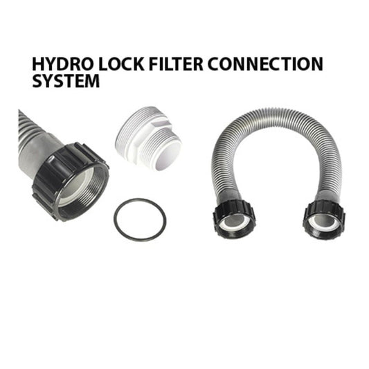 The Swimming Pool Discounters Hydro Lock Filter Connection Hose 1.5" features heavy-duty flexibility, black threaded connectors, a white universal adapter, and a rubber O-ring, labeled on a white background.