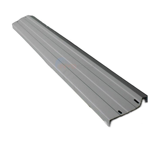 The Top Rail for Resin Guard Hybrid Pools (Straight) by Swimming Pool Discounters, Part #40445, is a long gray metal panel with ridges and two holes, designed as a replacement for RTR hybrid pool models.