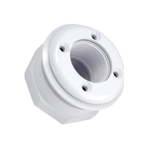 The Swimming Pool Discounters Return Fitting is a white plastic inlet with four screw holes, designed for plumbing or mounting in vinyl pools. Shown against a plain white background.