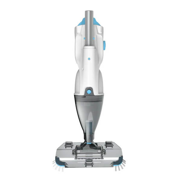 The BWT PK Swift Cordless Cleaner by Swimming Pool Discounters is a white and gray upright vacuum with blue accents, a transparent large-capacity dustbin, and a rectangular head featuring side brushes.