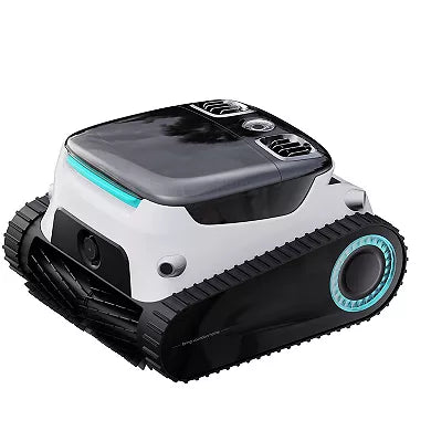 The SPD Scuba N1 Max is a compact white and black pool cleaning robot with tank-style treads and blue accent lighting, designed for automatic pool floor and waterline cleaning.